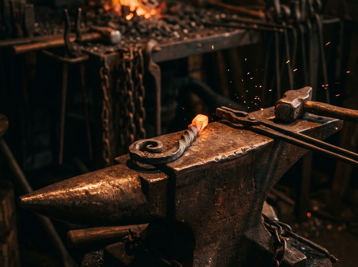 Наковальня с раскалённой заготовкой — процесс ручной ковки