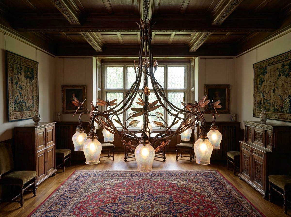 Кованая люстра в стиле арт-нуво — ветви со стрекозами, опаловые стеклянные плафоны