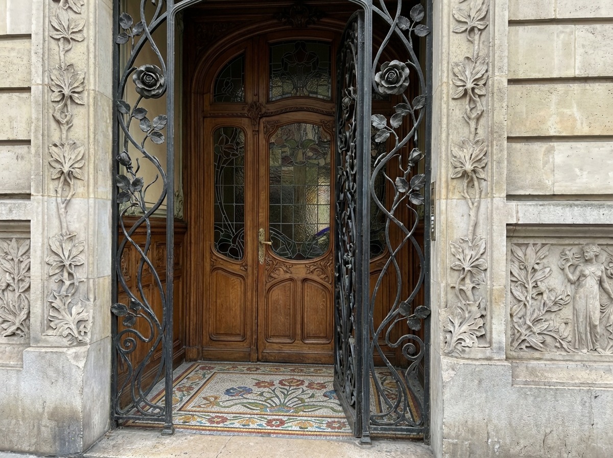 Кованое обрамление входной двери в стиле модерн — розы, вьющиеся стебли, мозаичный порог
