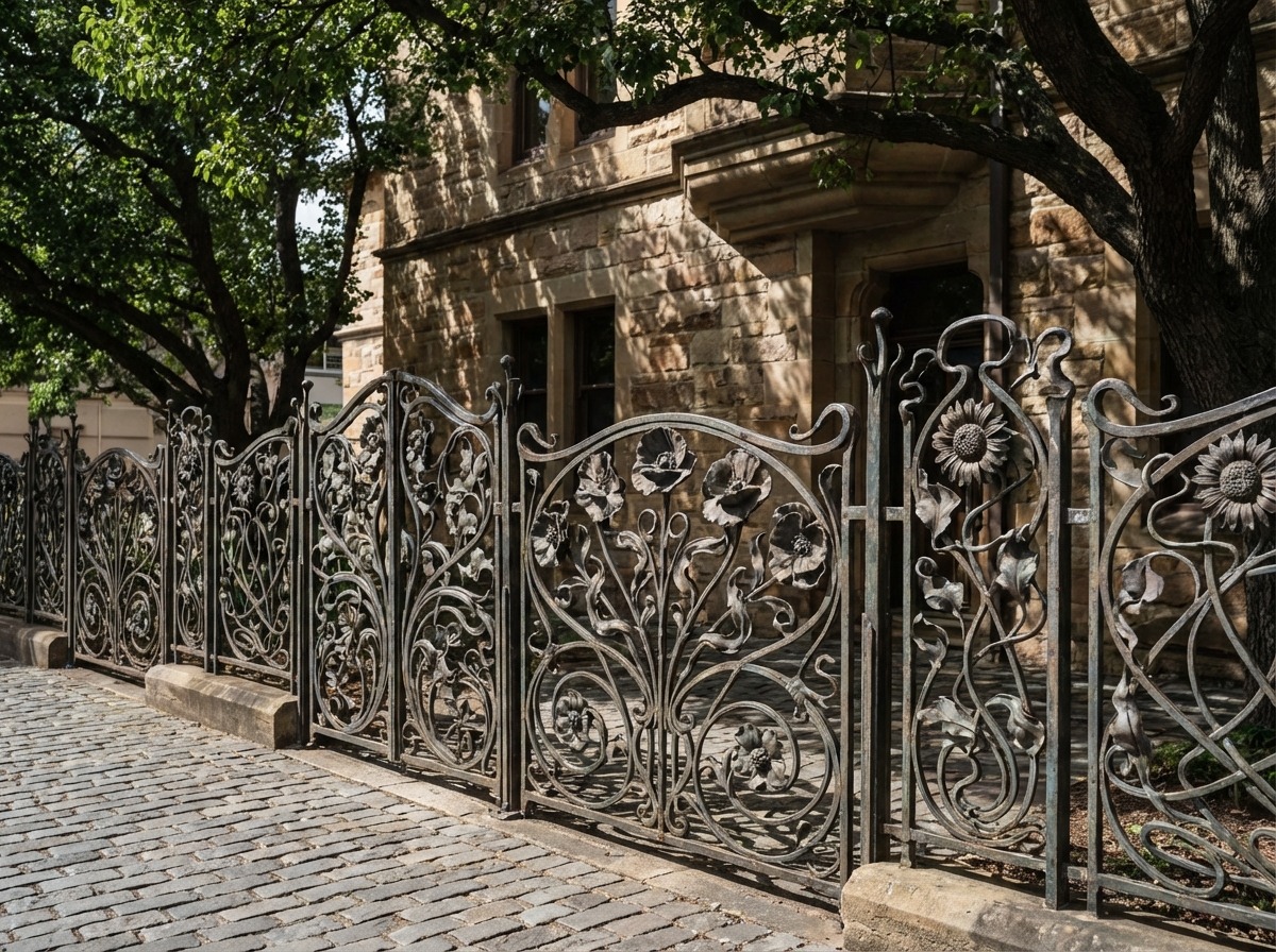 Кованый забор в стиле модерн — секции с маками и подсолнухами, каждая уникальна