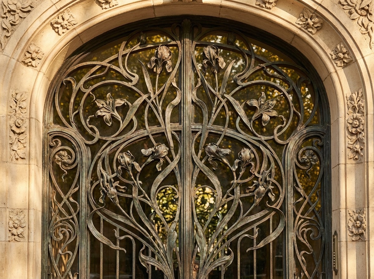 Кованые ворота в стиле арт-нуво — ирисы и лилии, асимметричная композиция, начало XX века