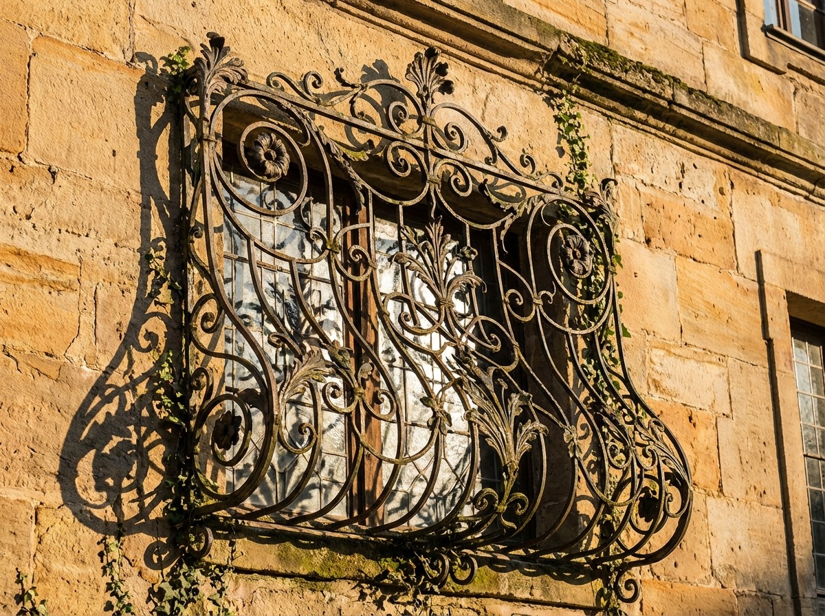 Кованая оконная решётка в стиле арт-нуво — переплетённые стебли и соцветия