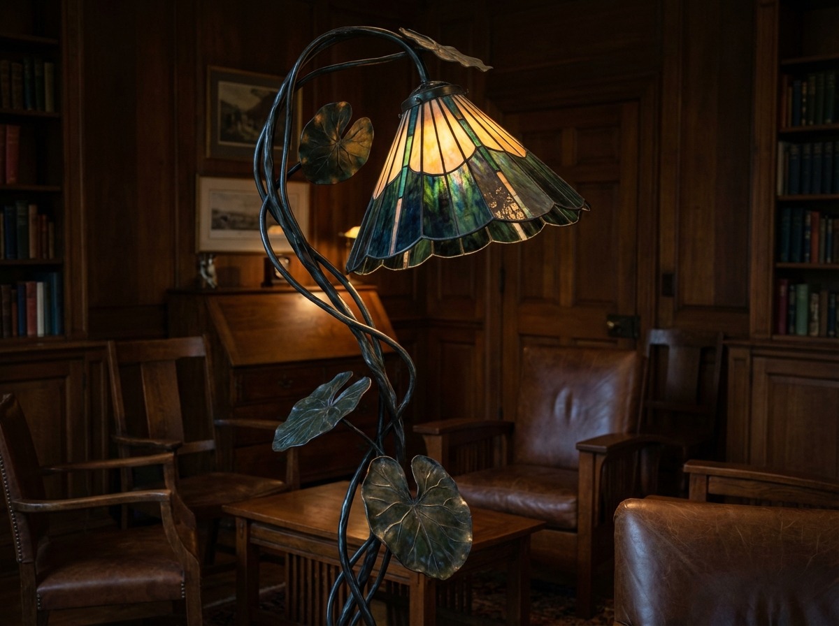 Кованый торшер в стиле арт-нуво — основание в виде стебля, плафон с витражными панелями