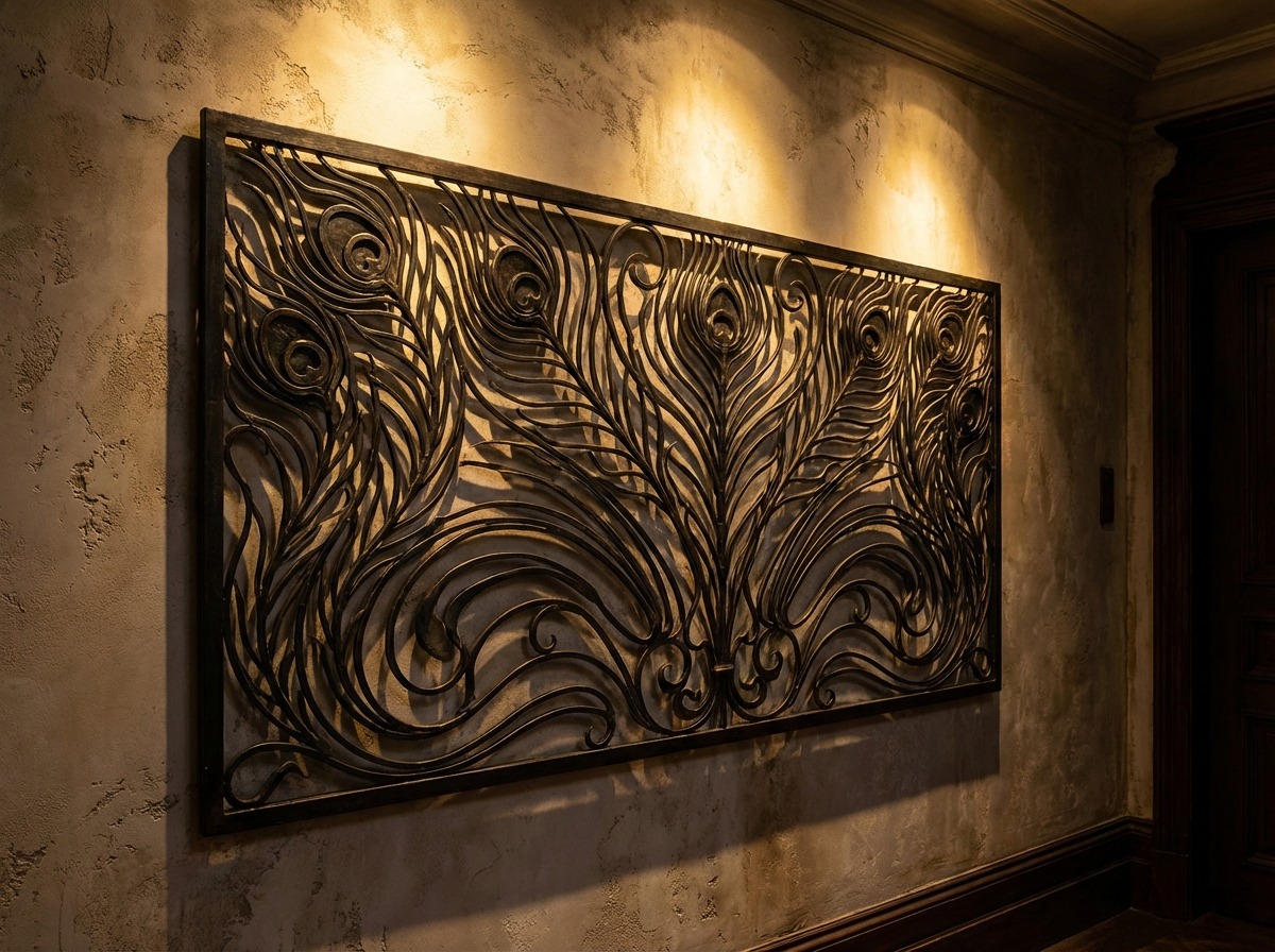 Декоративное кованое панно — мотив павлиньего пера, органические линии, настенная композиция