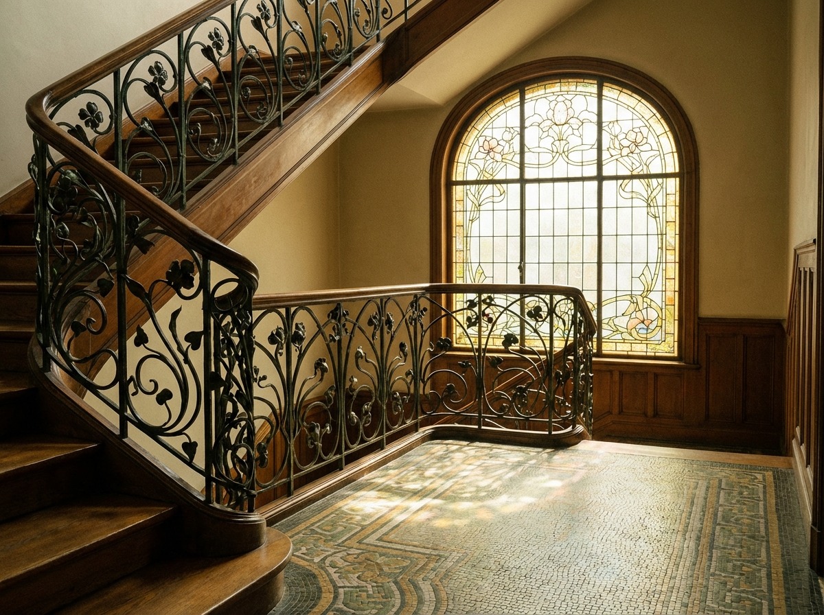Кованые перила лестницы в стиле модерн — вьющиеся стебли, листья, цветочные бутоны