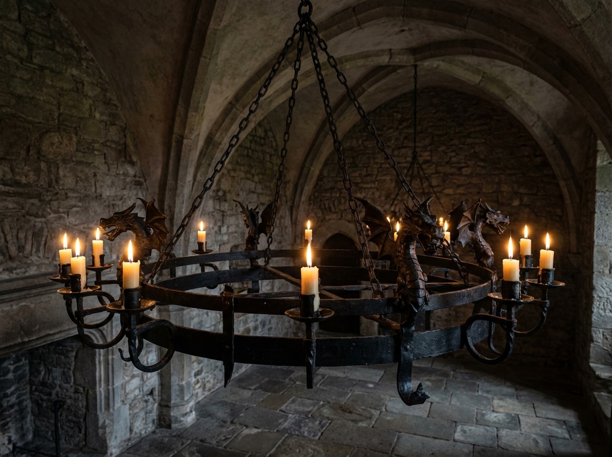 Готическое паникадило — кованое кольцо на цепях, 12 свечных рожков, декор с драконами