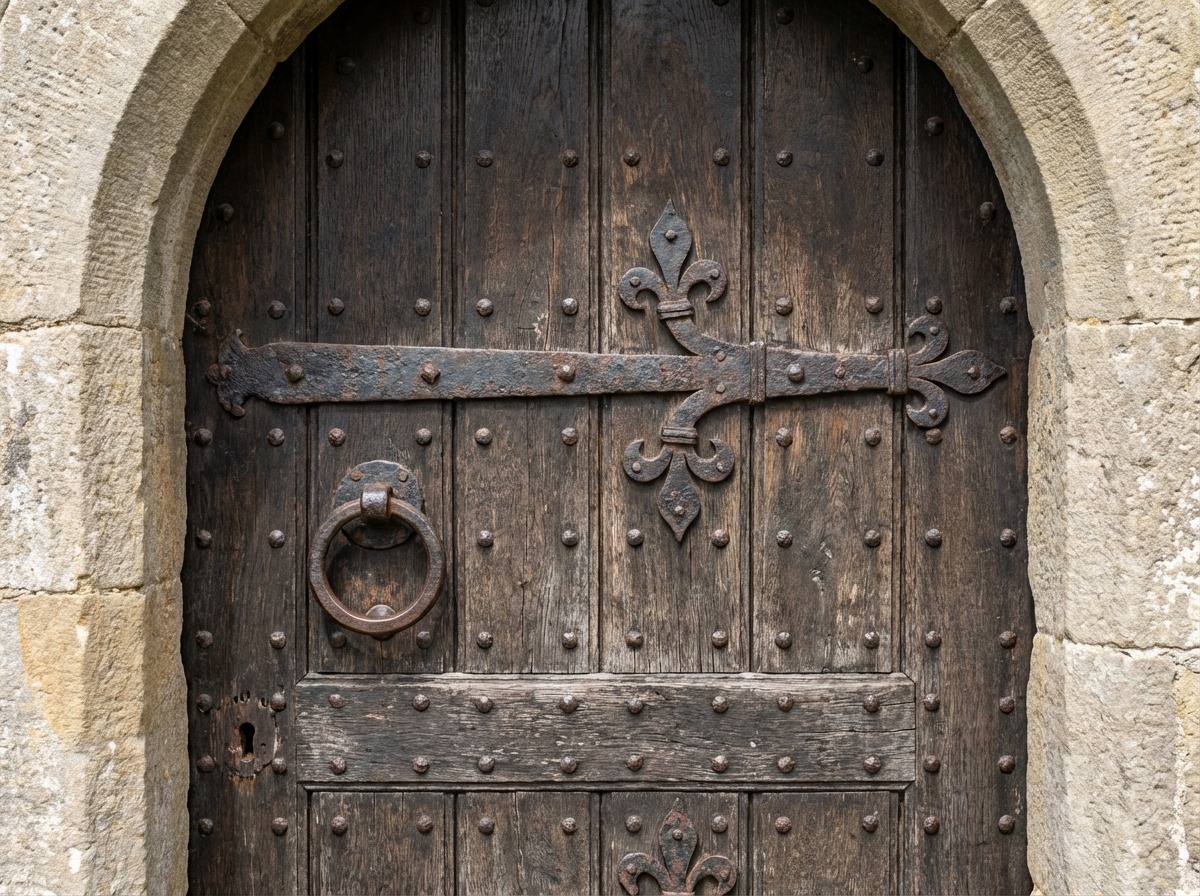 Кованая фурнитура дубовой двери — массивные петли с лилиями, кольцо-ручка, декоративные гвозди