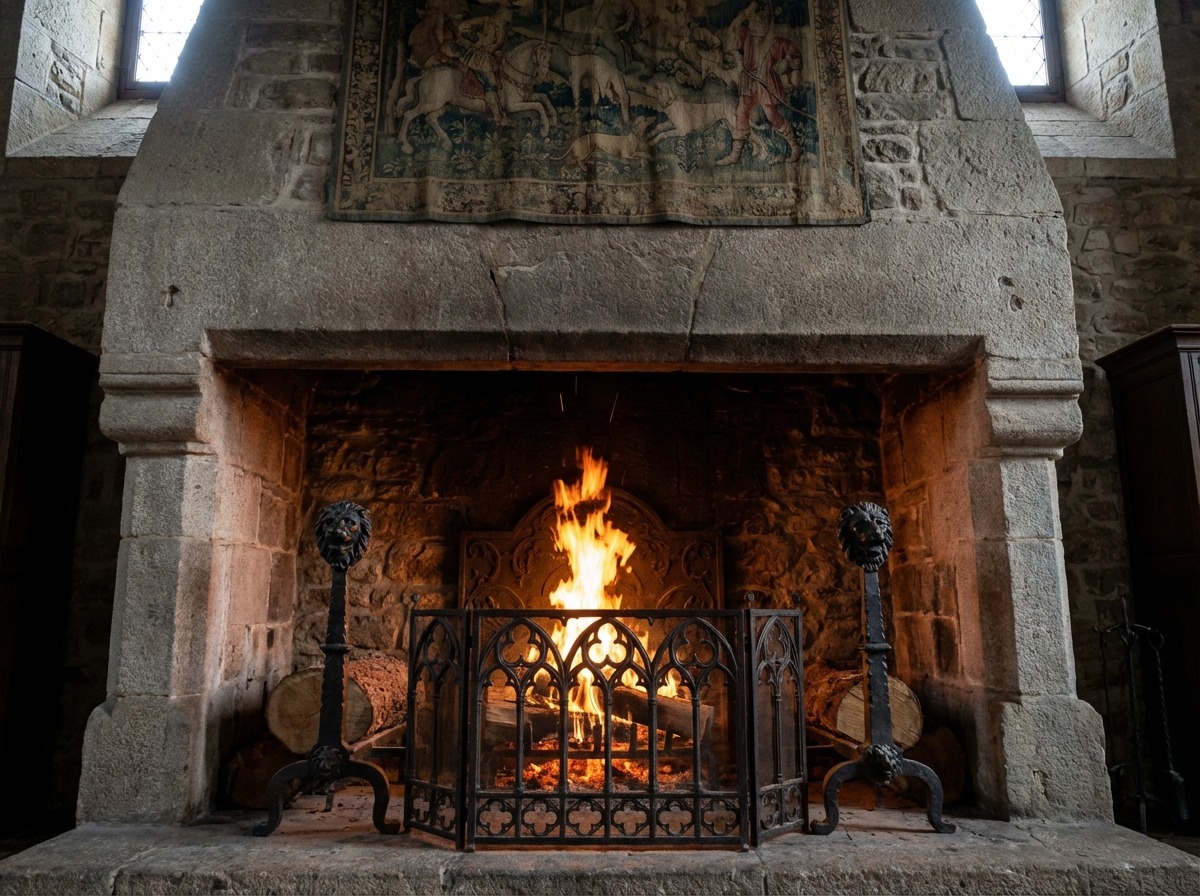 Каминный экран с готической трацеей — кованое железо, львиные головы, горящий огонь