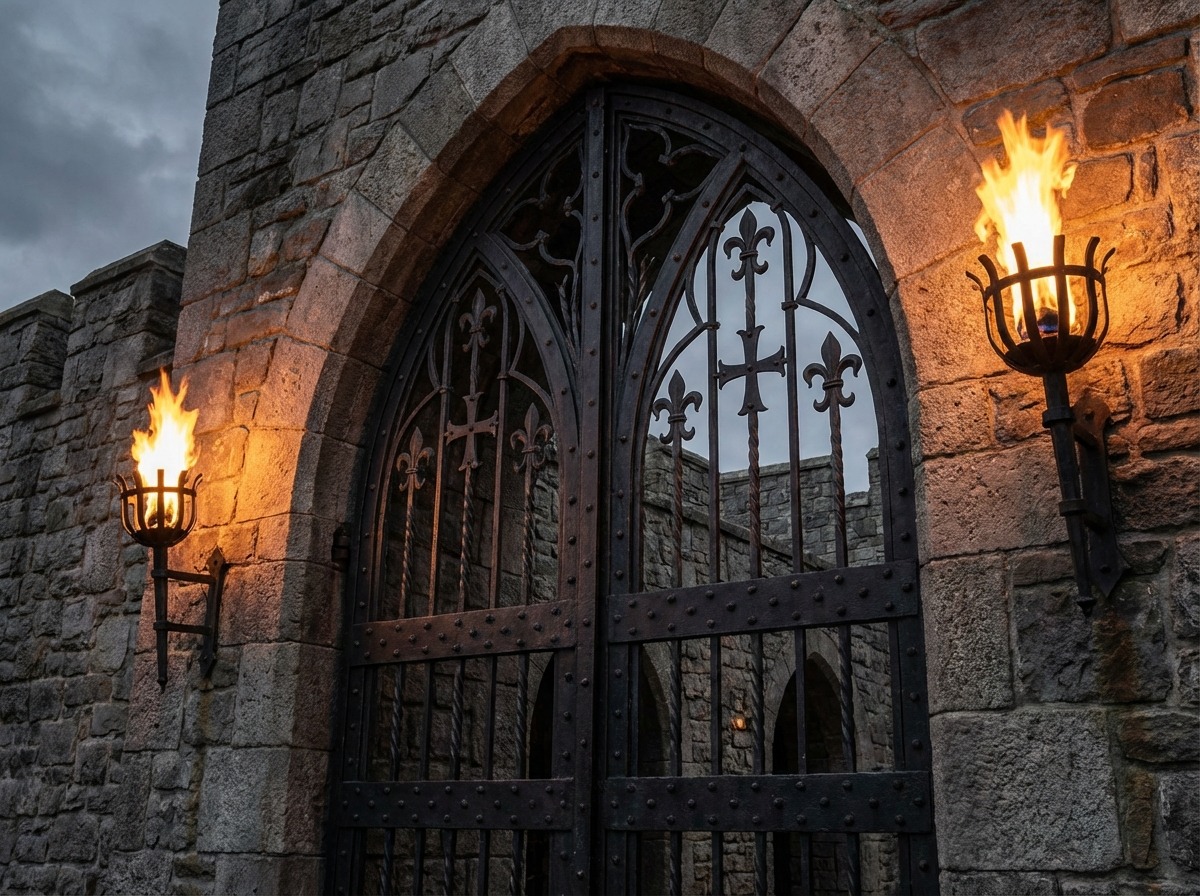 Массивные кованые ворота с остроконечной аркой — готические кресты, витые прутья, клёпки