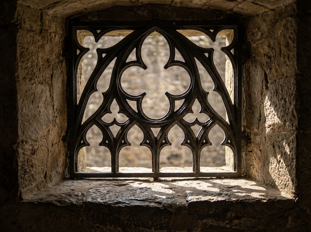 Оконная решётка замка — готические стрельчатые арки, четырёхлистники, тяжёлые перекладины