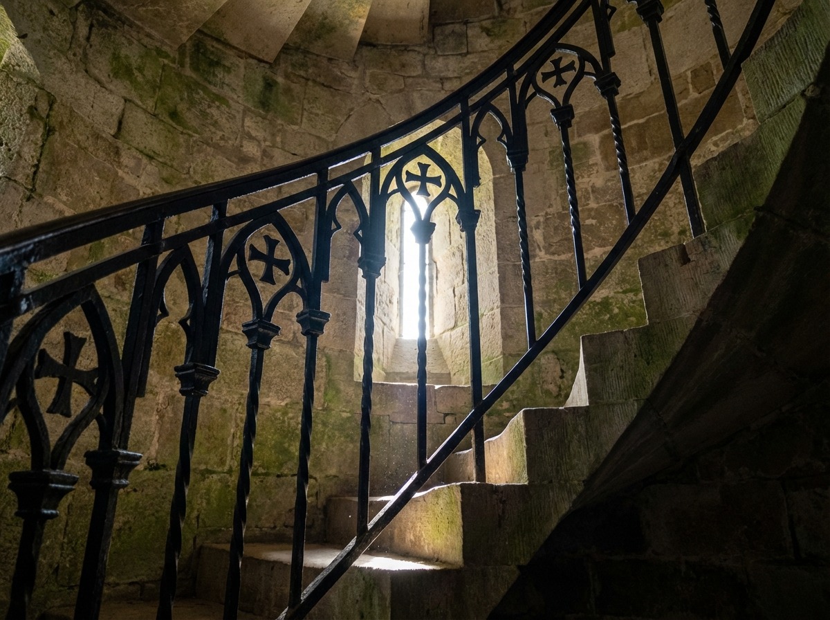Перила винтовой лестницы в башне — тяжёлая ковка с готическими арками и крестами