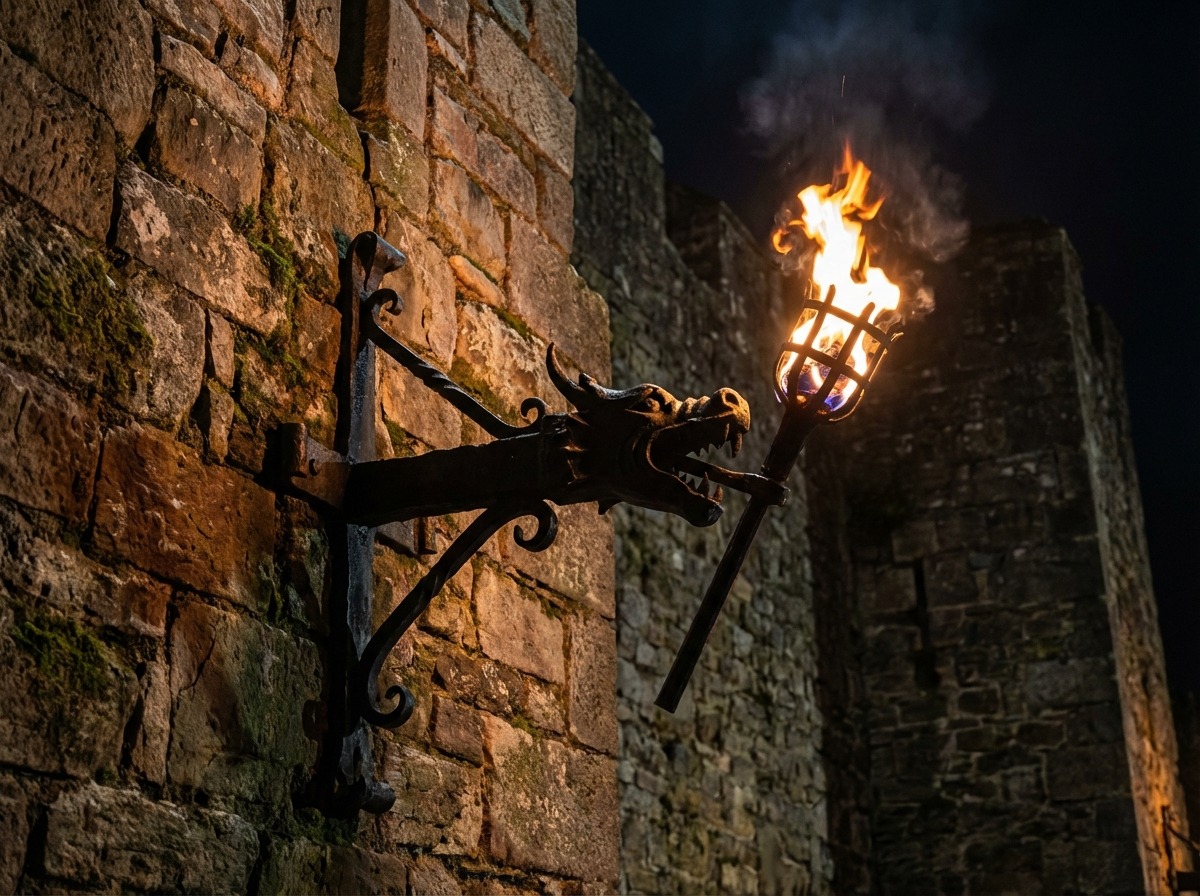 Кованый держатель факела с головой дракона на каменной стене замка