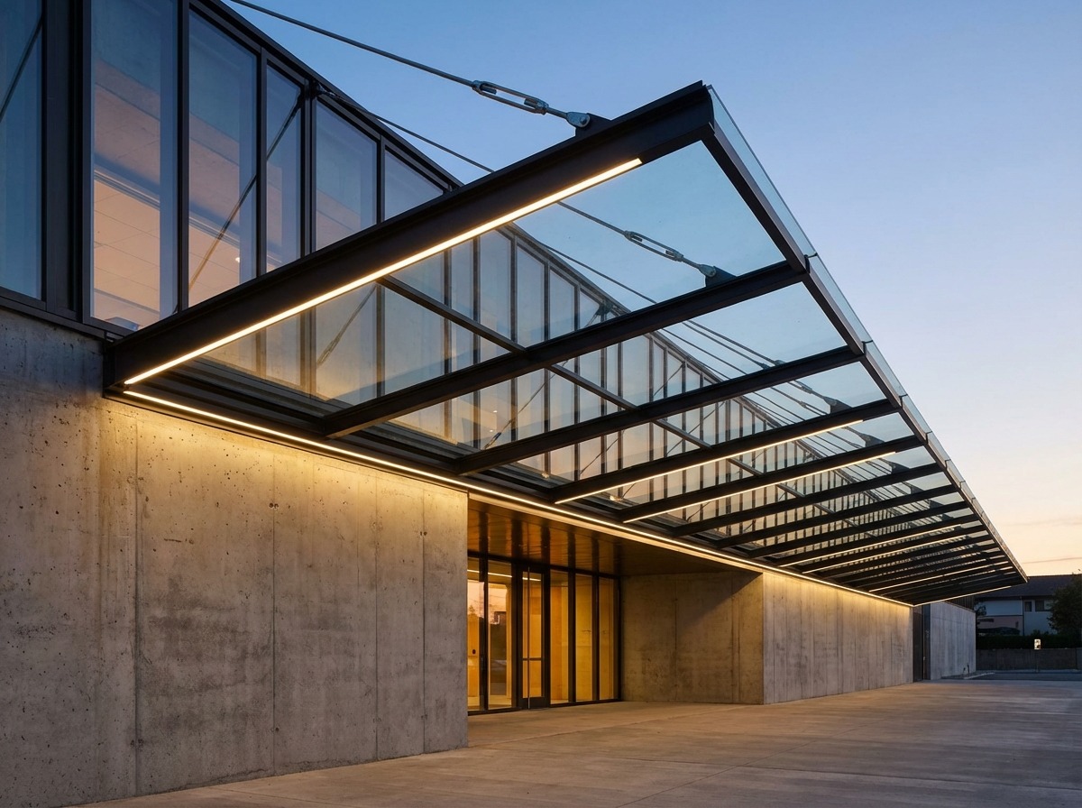 Козырёк над входом — тонкий каркас, стеклянная панель, LED-полоса по краю