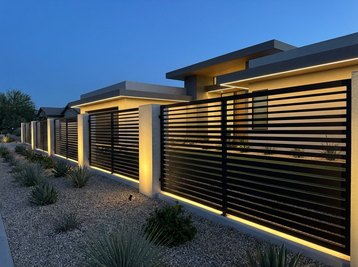 Забор из горизонтальных полос с градиентным шагом — эффект прозрачности, LED-подсветка