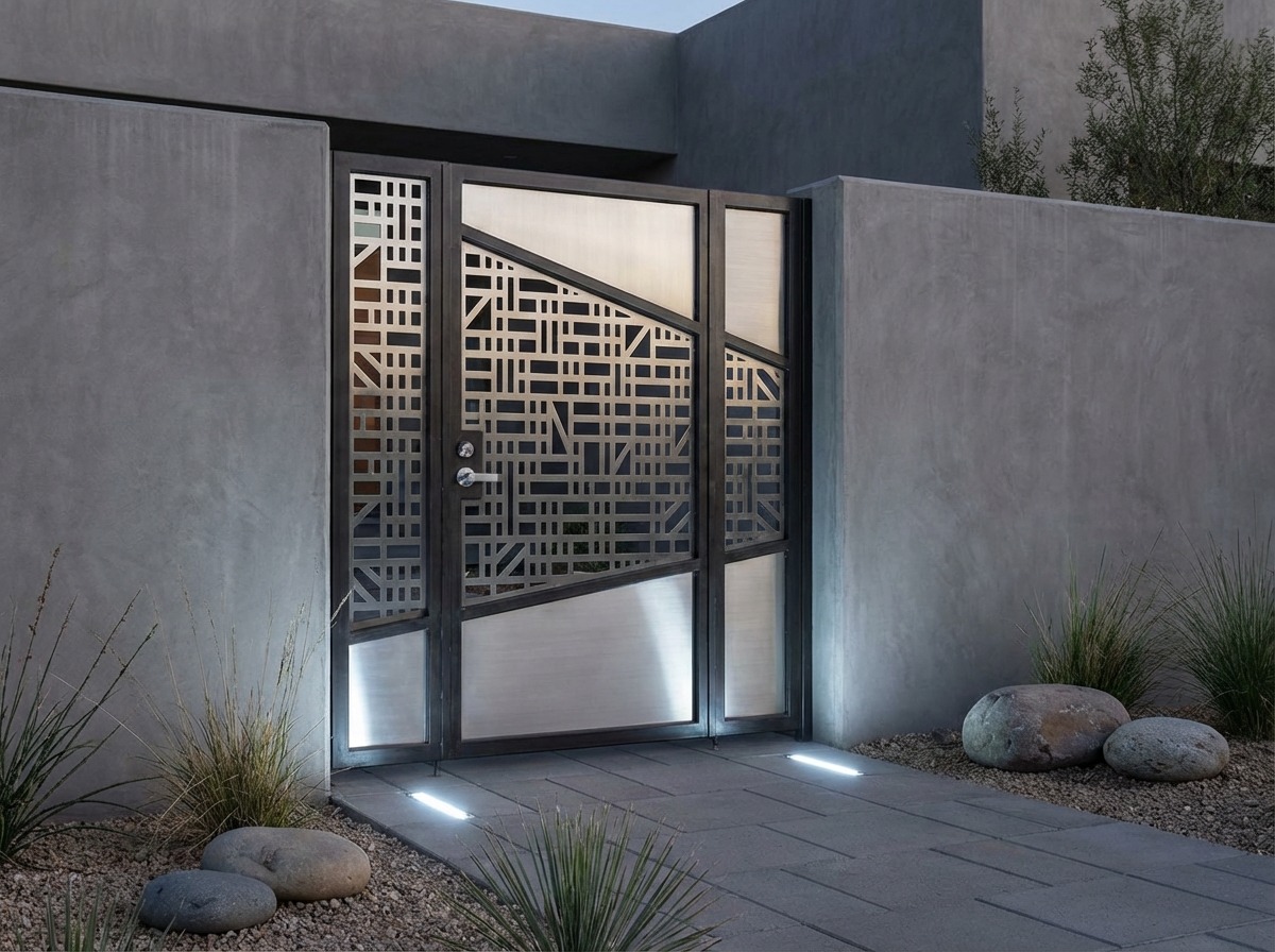 Ворота с геометрическим паттерном лазерной резки — асимметричный дизайн, стекло и металл