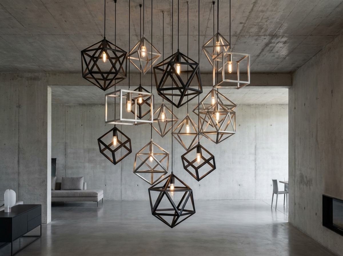 Кластер подвесных светильников — геометрические каркасы из кованого металла на разной высоте