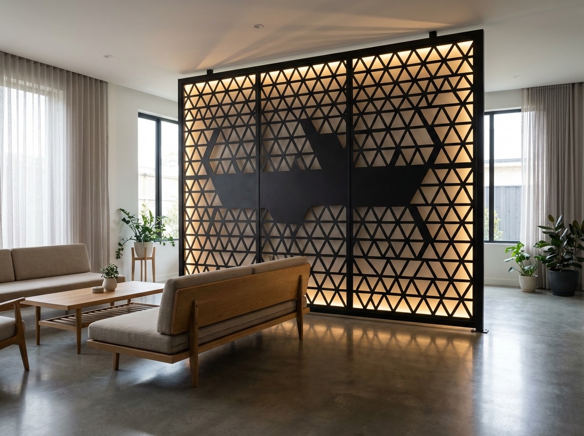 Перегородка из перфорированного металла — гексагональная сетка, чёрная покраска, подсветка