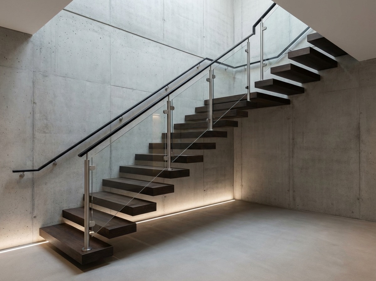 Перила лестницы — закалённое стекло, полированная нержавейка, тонкий чёрный поручень