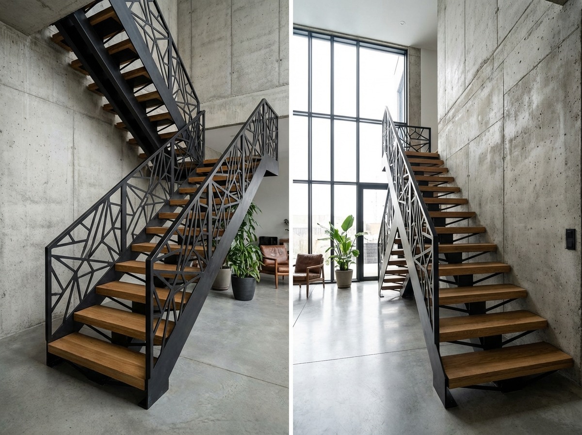 Парящая лестница — кованые косоуры с геометрической перфорацией, дубовые ступени