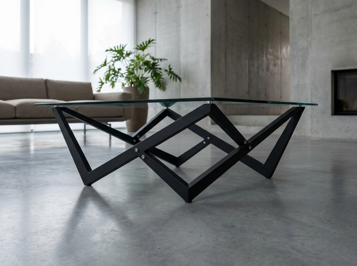 Журнальный стол — угловое основание из чёрного металла, стеклянная столешница