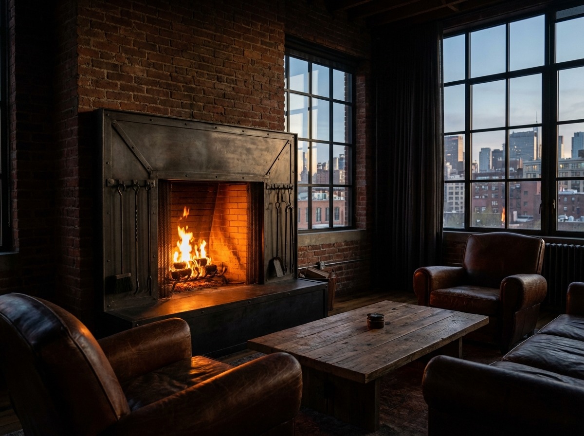 Кованая каминная рамка и набор инструментов для камина в интерьере лофт