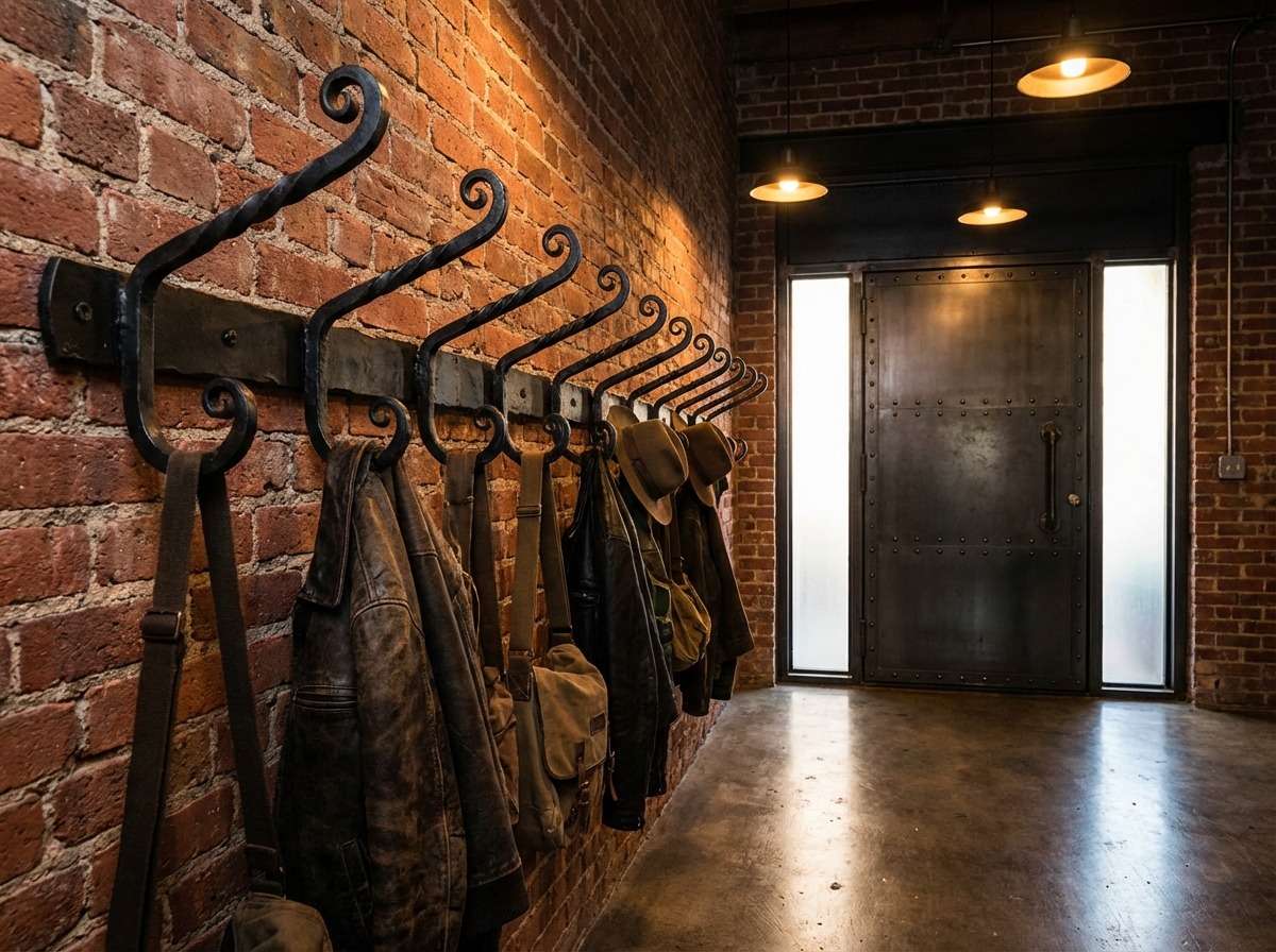 Кованые вешалки для прихожей на кирпичной стене — крючки с закрученными концами