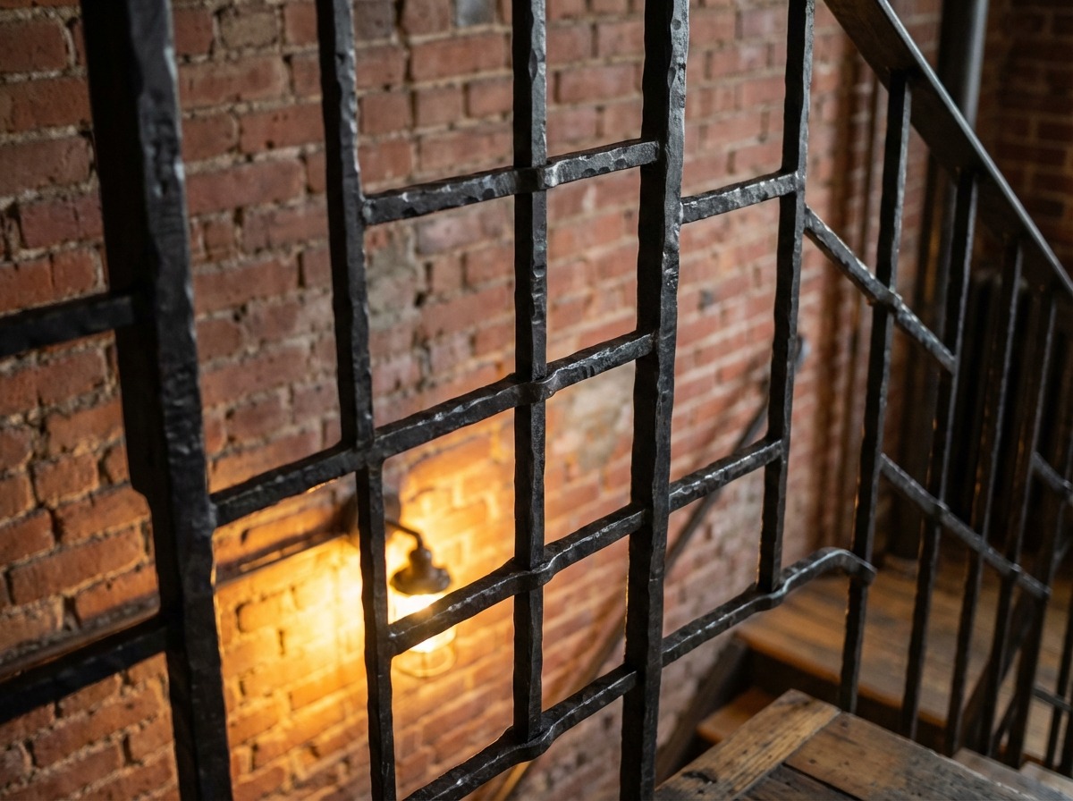Деталь кованого ограждения лестницы — видимые сварные швы, индустриальная фактура