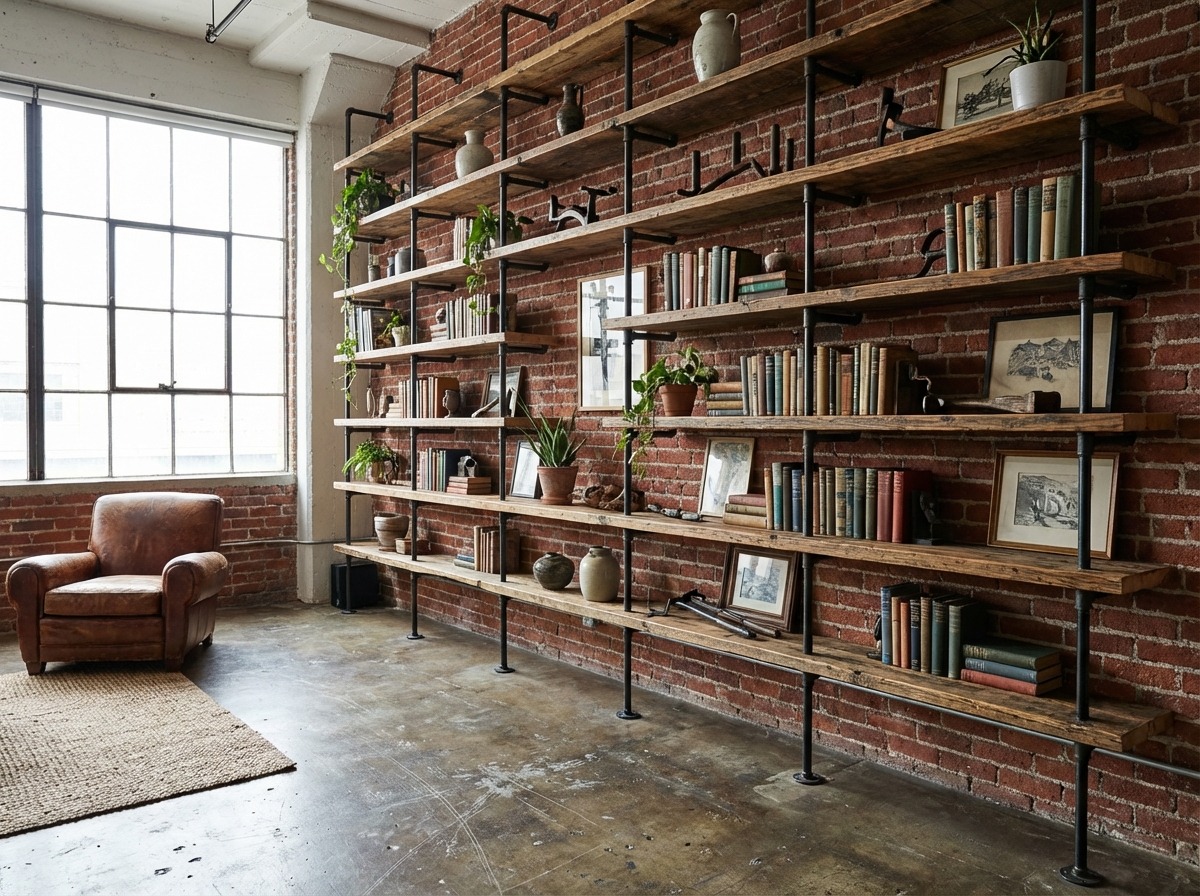 Кованые стеллажи из металлических труб в интерьере лофт
