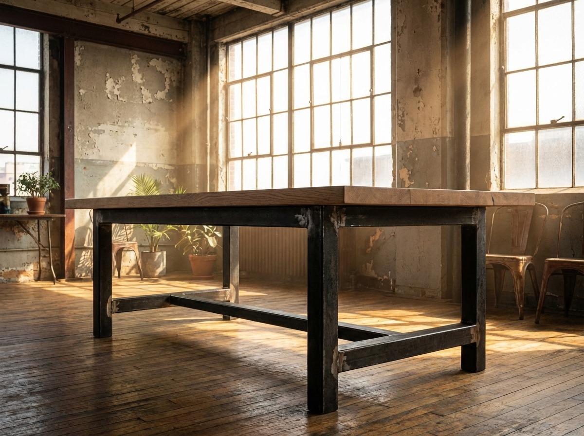 Обеденный стол с кованым основанием из чёрного металла и столешницей из дуба