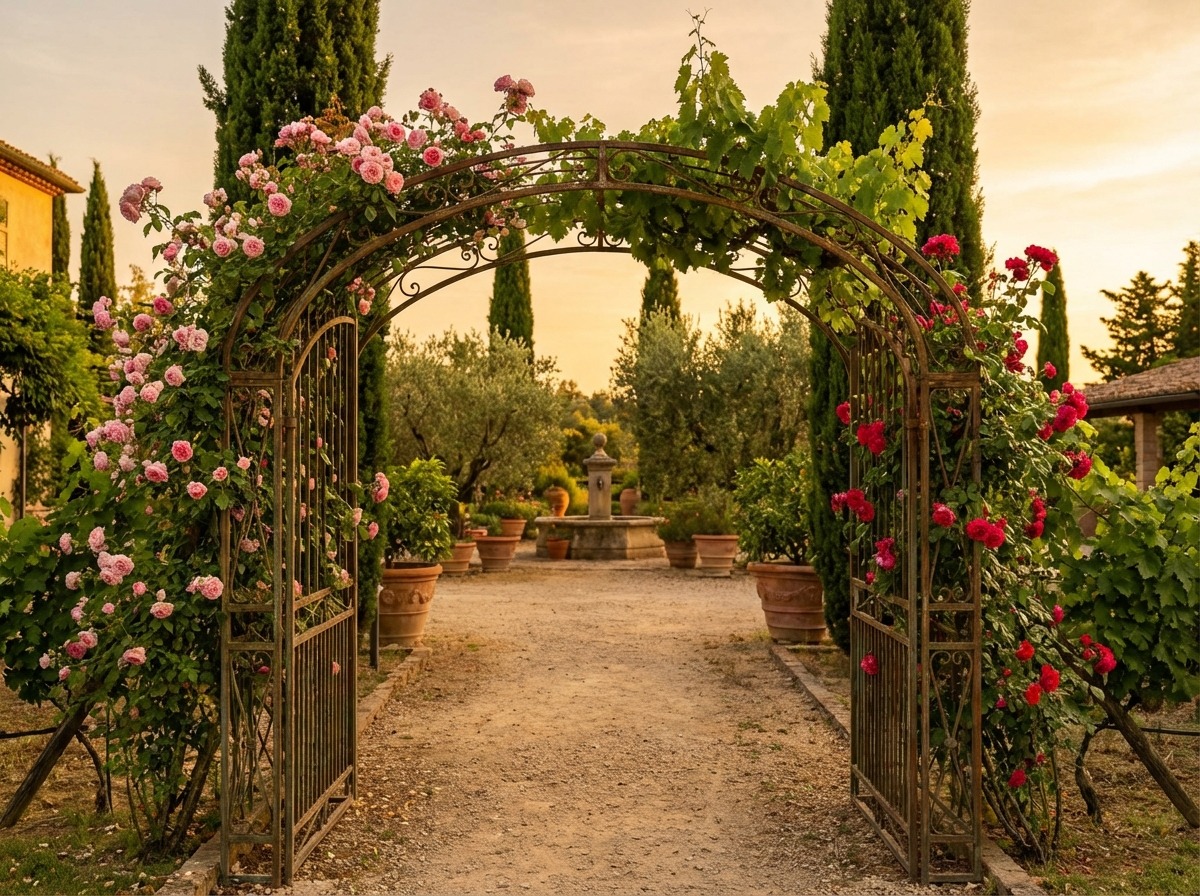 Кованая садовая арка с вьющейся розой — тропинка ведёт во двор, кипарисы на фоне
