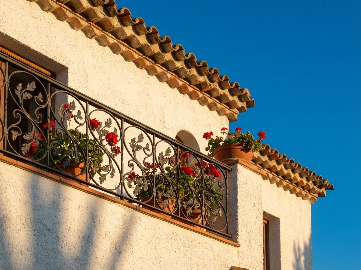 Кованое балконное ограждение средиземноморской виллы — завитки с листьями, терракотовая черепица