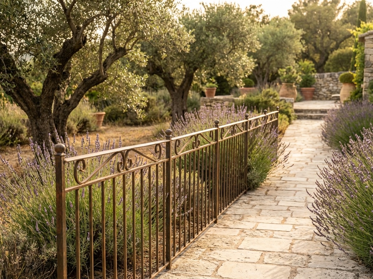 Низкий кованый забор вдоль садовой дорожки — средиземноморский стиль, лаванда за оградой