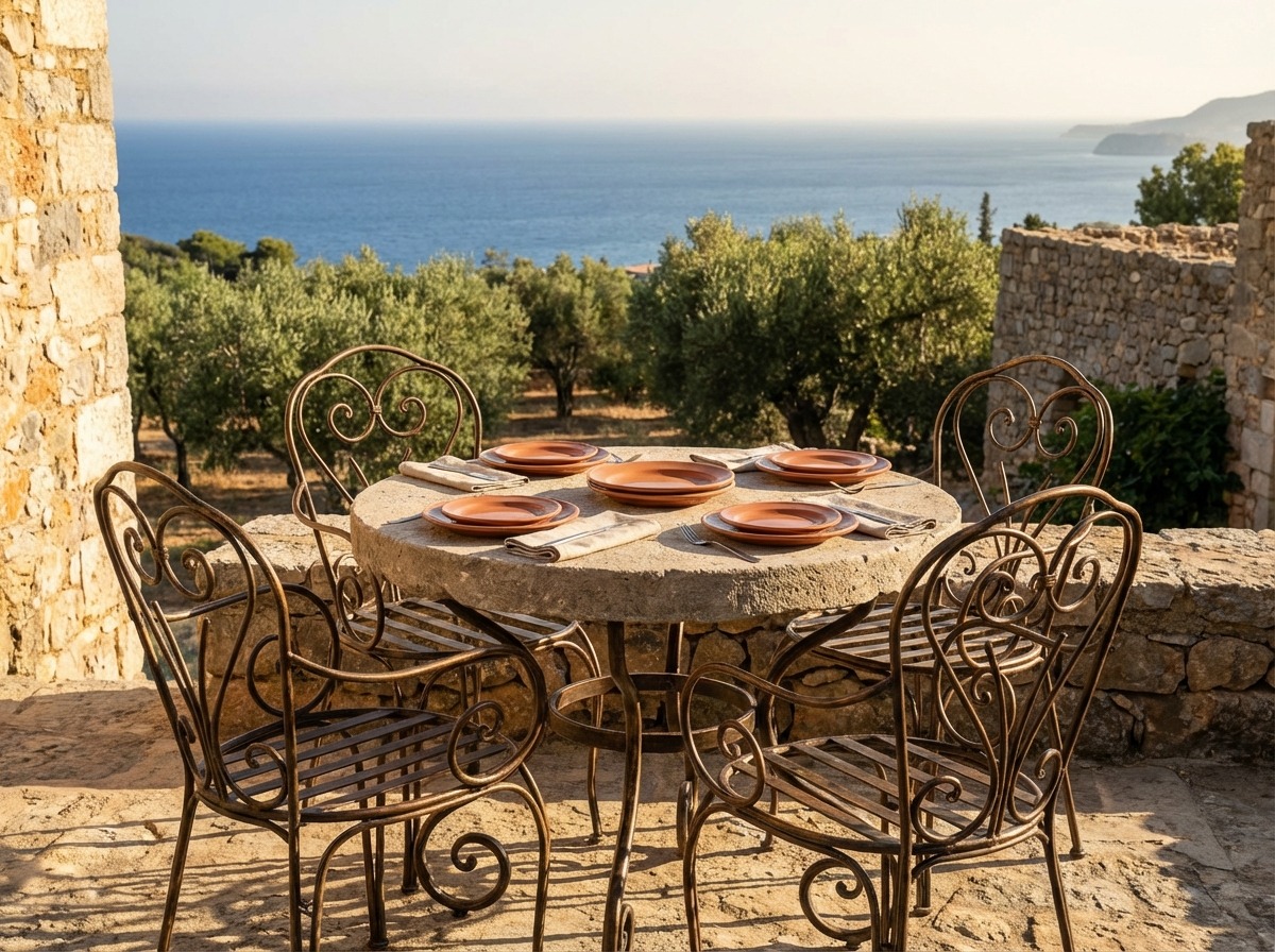 Кованый обеденный стол и стулья на террасе с видом на море — средиземноморский стиль