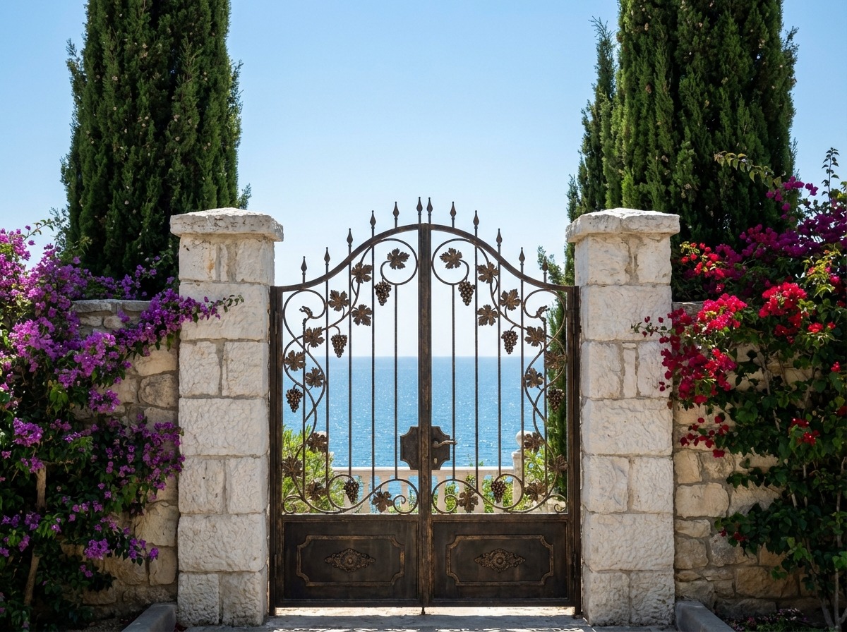 Кованые ворота в средиземноморском стиле — виноградные лозы, тёплая бронзовая патина