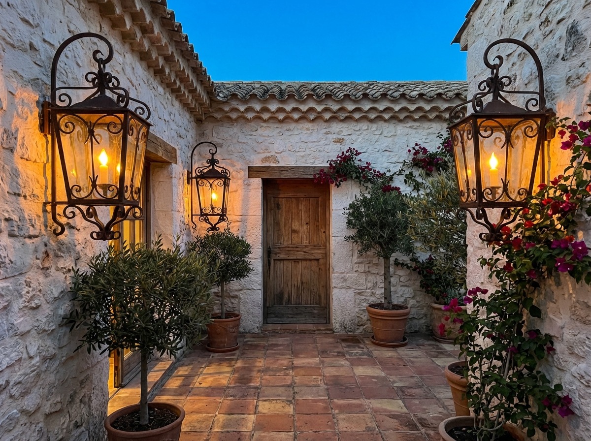 Кованые настенные фонари у входной двери — ажурный плафон, свеча внутри, белая стена