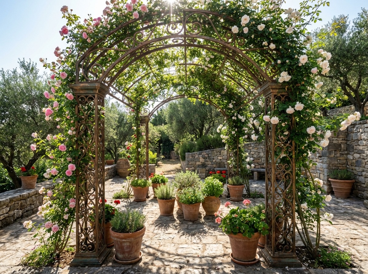 Кованая арочная пергола с вьющимися розами — патинированный металл, каменная терраса