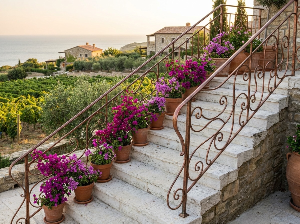 Каменная наружная лестница с кованым ограждением — вилла в средиземноморском стиле, бугенвиллея