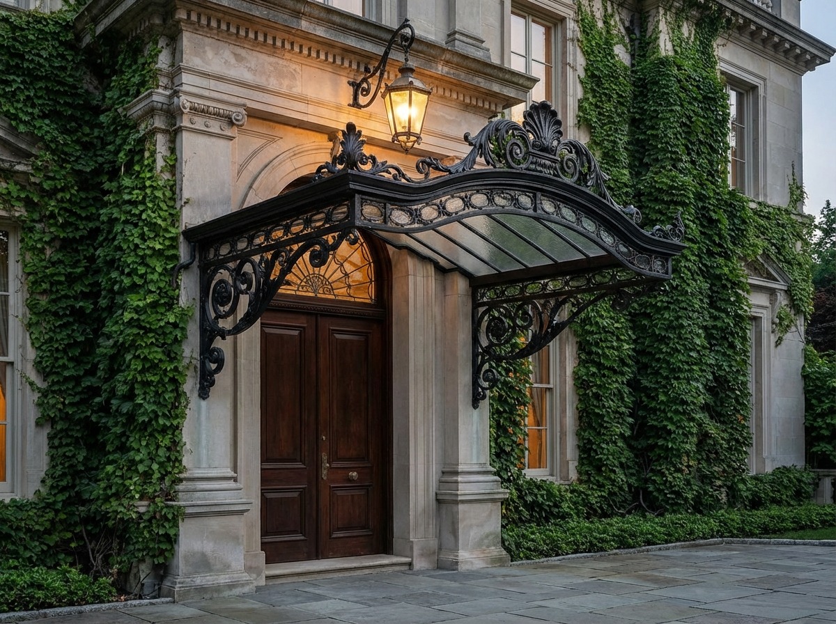 Кованый козырёк над входом в неоклассическом стиле — ажурная рамка и стеклянные панели