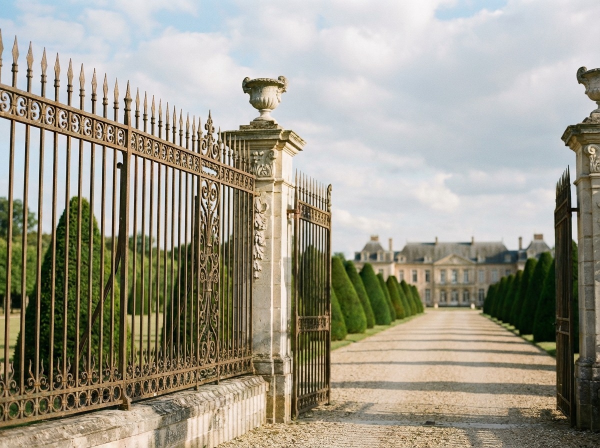 Кованый забор с копьями и декоративными панелями между каменными столбами
