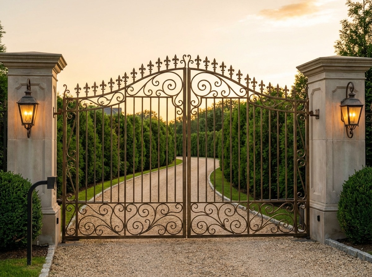 Кованые ворота в неоклассическом стиле — завитки, копья, антикварная бронзовая патина