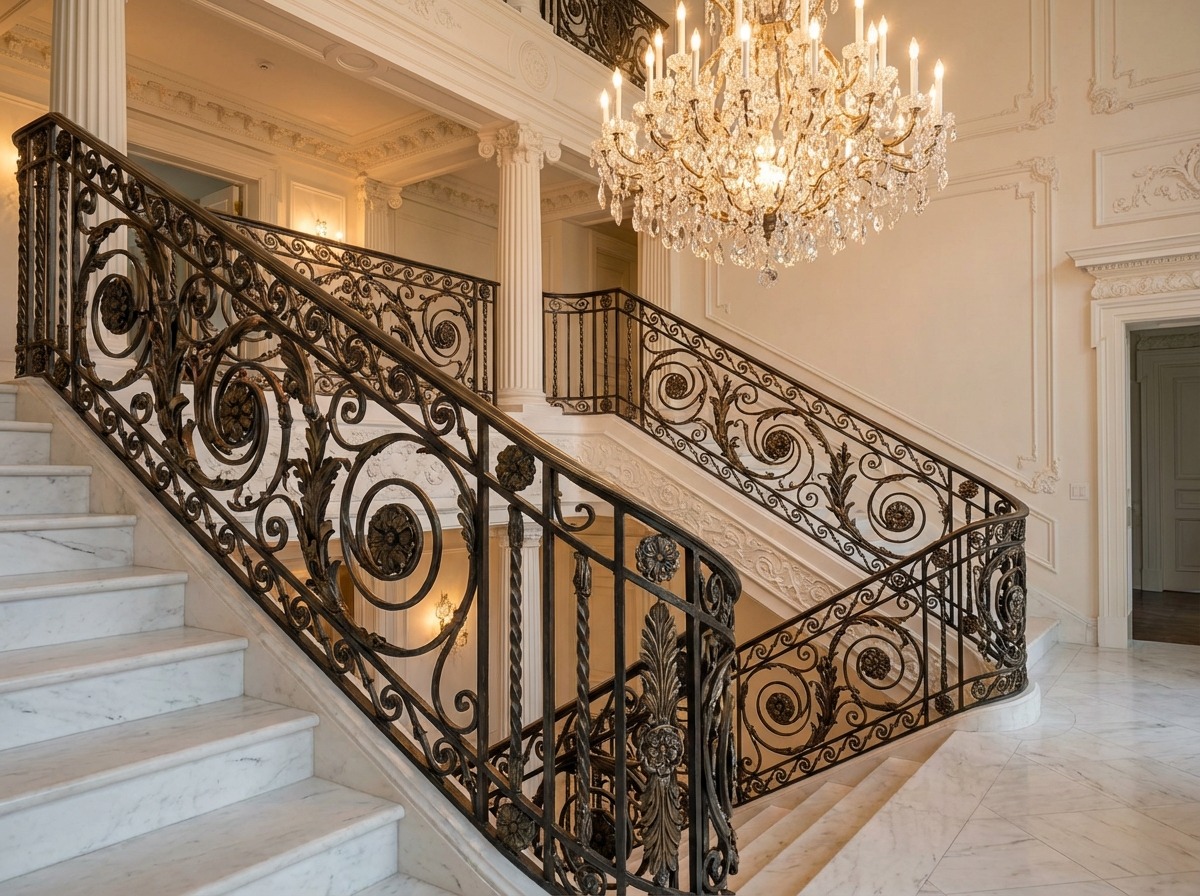 Кованые перила лестницы в классическом интерьере — акантовые листья и витые балясины
