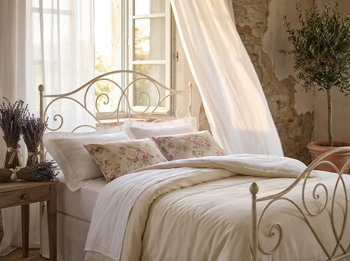 Кованая кровать в стиле прованс — изогнутое изголовье и изножье, белый состаренный металл