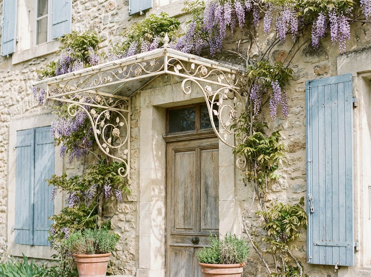 Кованый козырёк над входом загородного дома в стиле прованс — ажурная рамка, вистерия