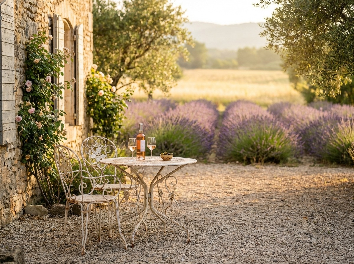 Кованый садовый стол и стулья в стиле прованс — цветочные детали, состаренная белая краска
