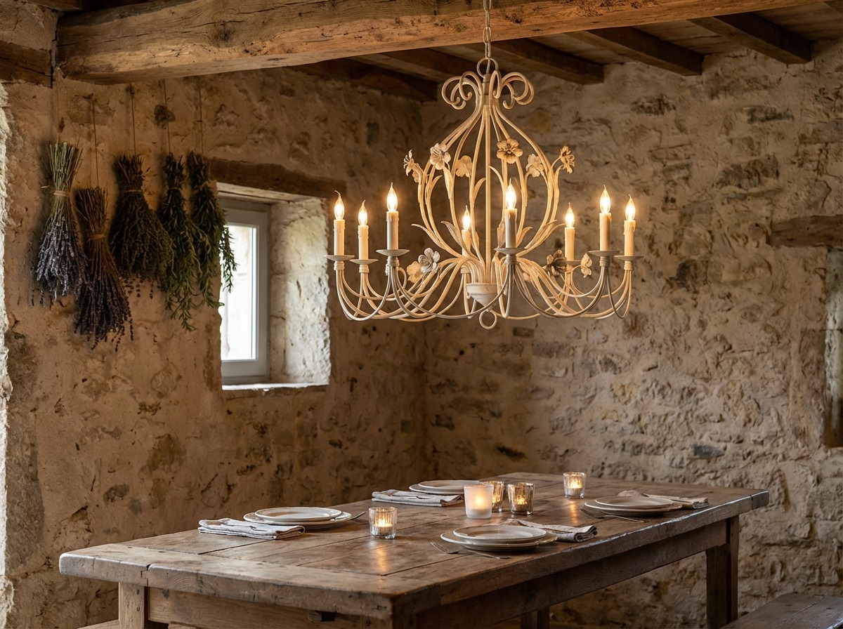 Кованая люстра в стиле прованс — изящные рожки, белая патина, деревянный потолок