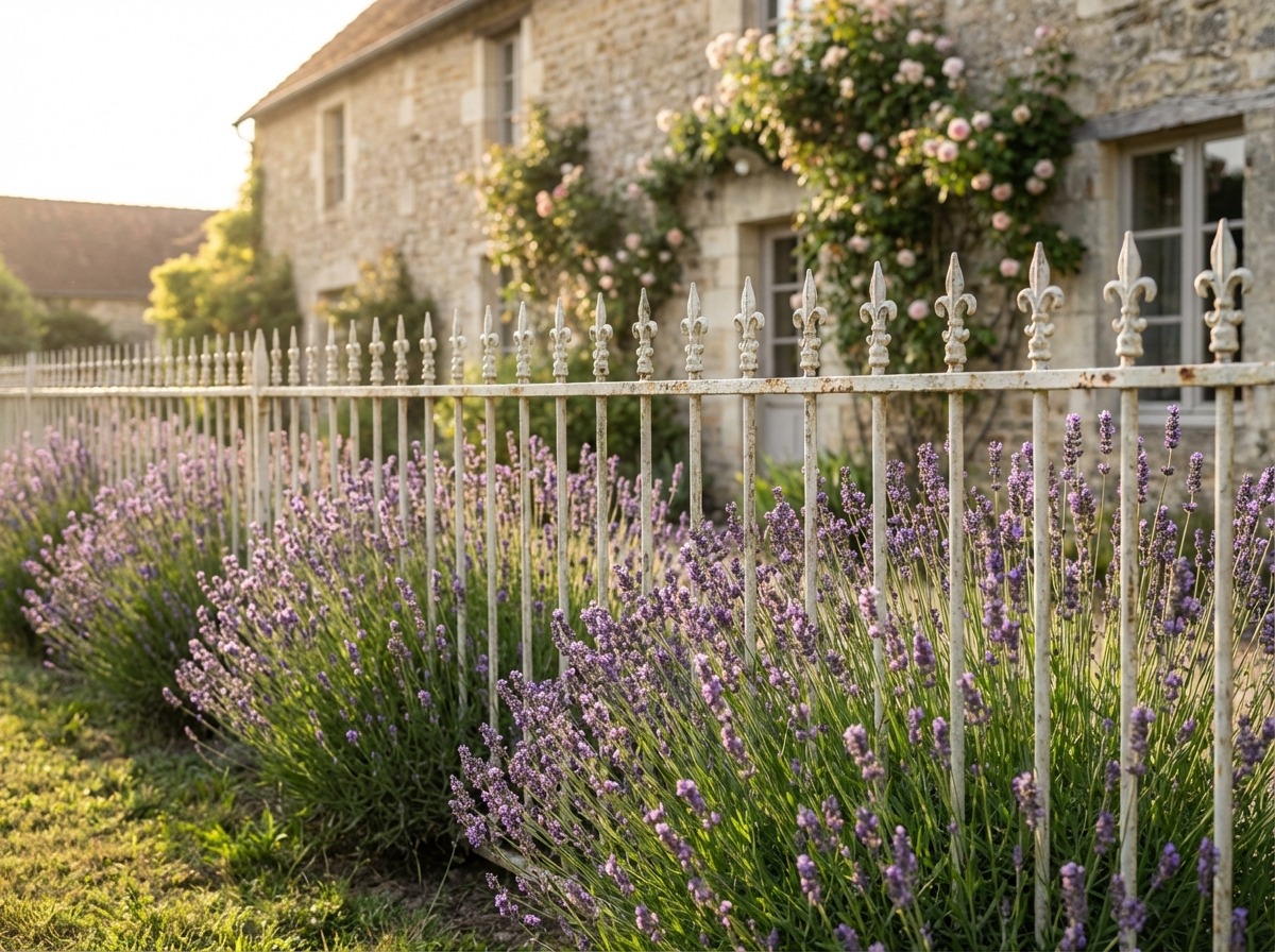 Низкий кованый заборчик в стиле прованс — завитки с флер-де-ли, состаренная белая окраска