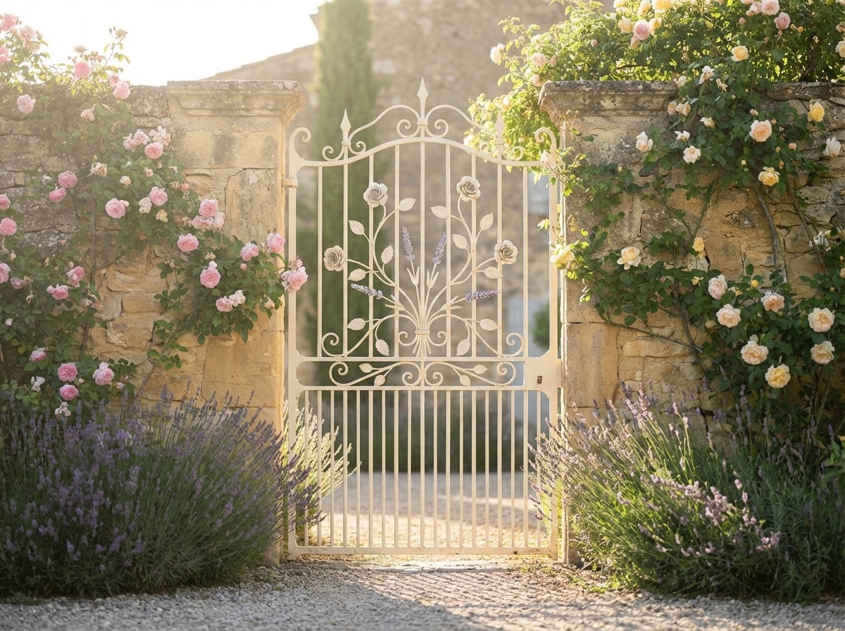Кованые садовые ворота в стиле прованс — розы и лаванда, белая состаренная патина