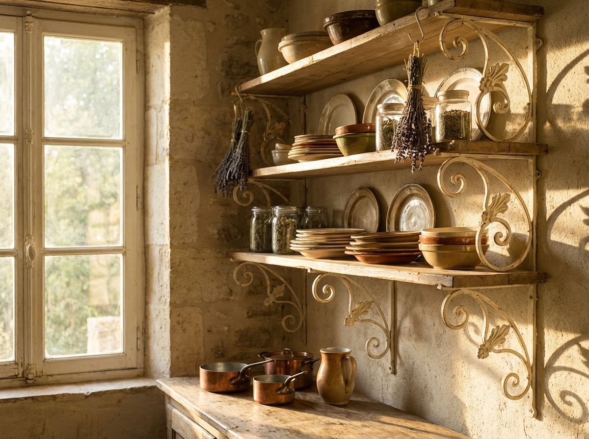 Кованые кронштейны для полок в стиле прованс — изогнутые концы с цветочным мотивом