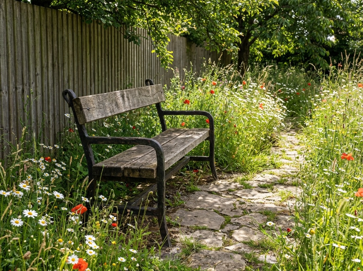 Кованая садовая скамейка в стиле рустик — тяжёлый металл, дубовые доски, дикий сад