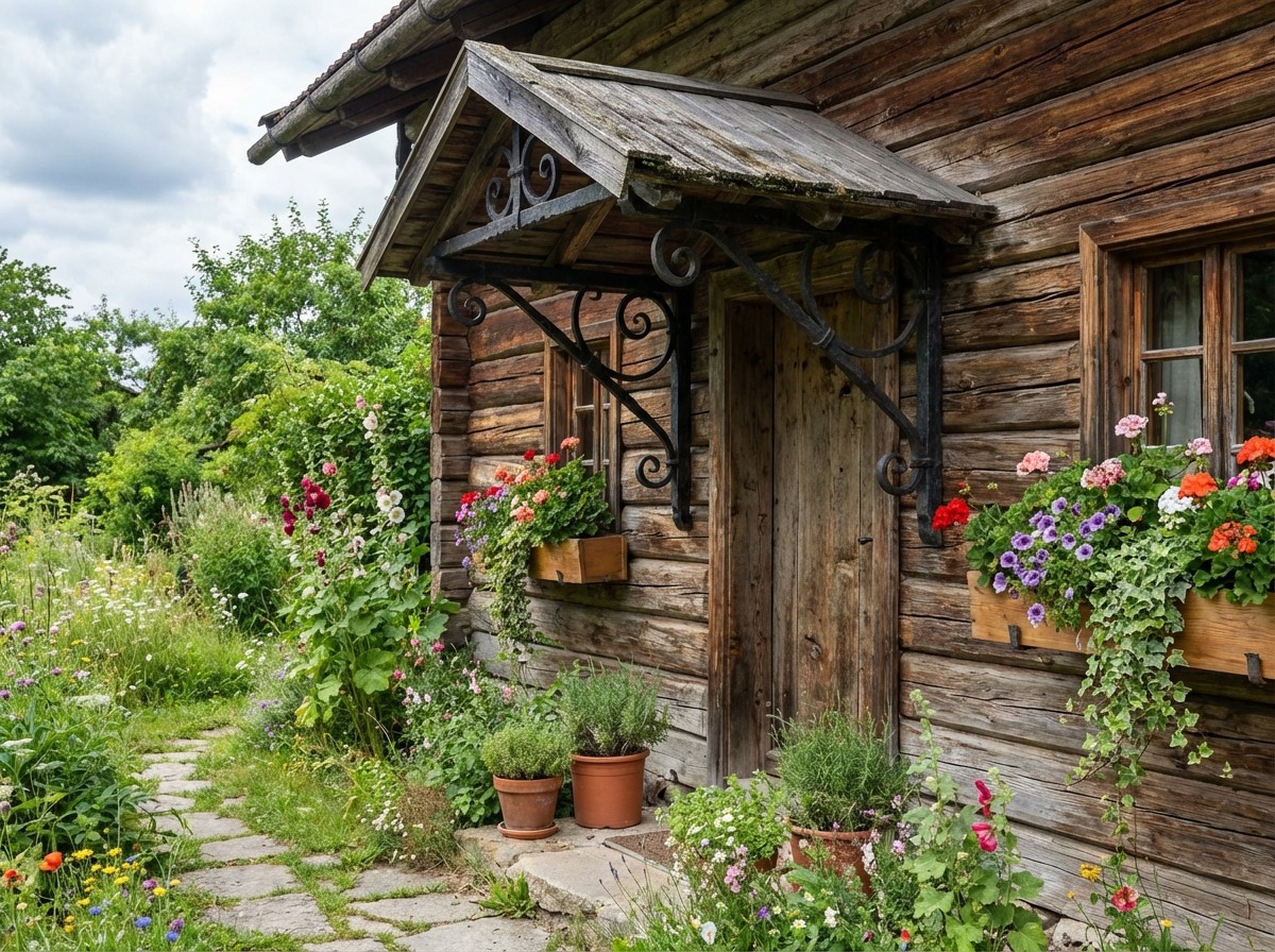 Кованый козырёк над входом деревенского дома — грубые кронштейны, деревянная кровля